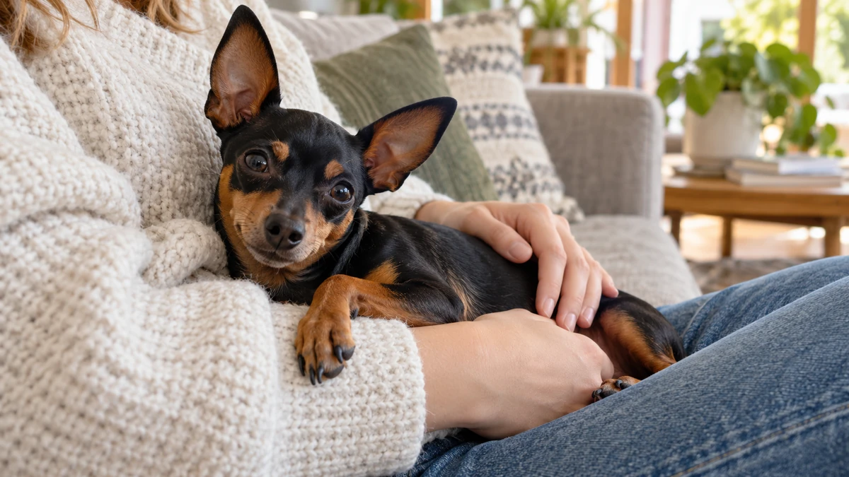 Pincher köpek — sahibinin kucağında