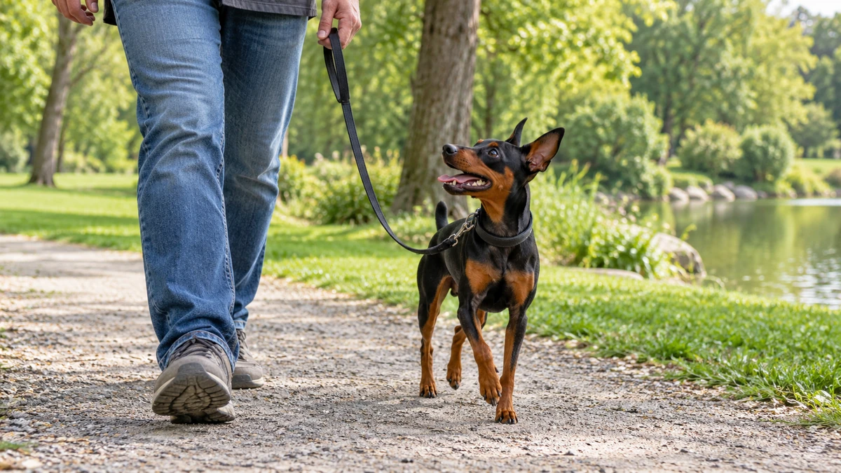 Pincher köpek — parkta yürüyüş ve egzersiz